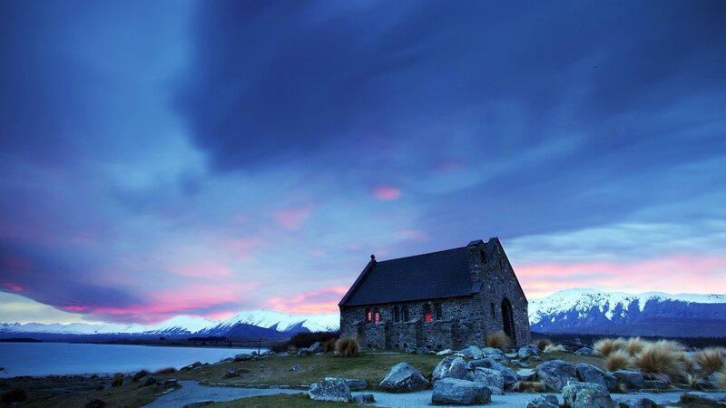 Chapel by a Lake — Blue, Serene