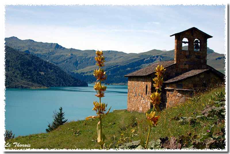 Chapel by a mountain lake