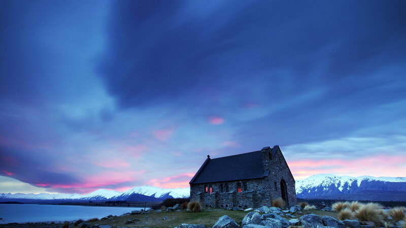Chapel by Lake — Blue, Dramatic