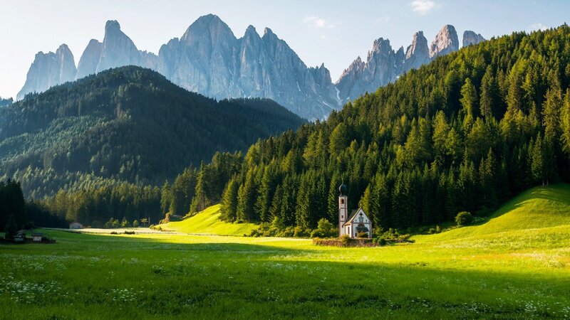 Chapel in Alpine Valley — Green, Serene, Morning, Photograph