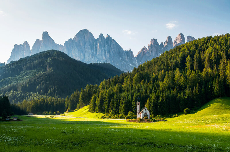 Chapel in Alpine Valley — Green, Serene, Morning