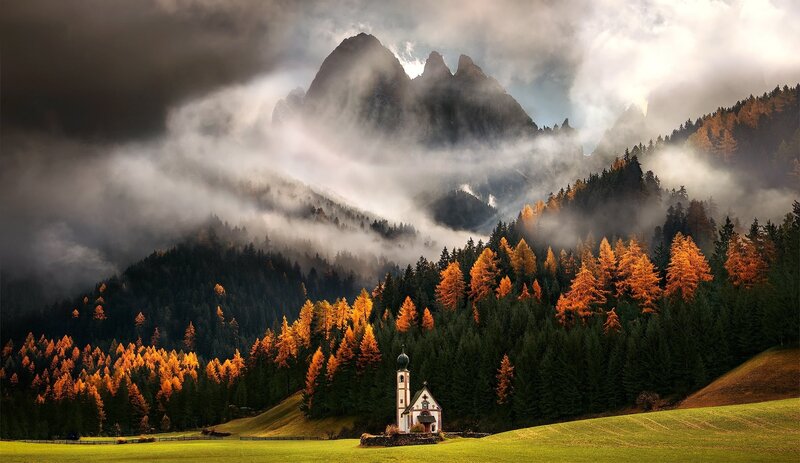 Chapel in Mountain Valley — Green, Dramatic, Autumn