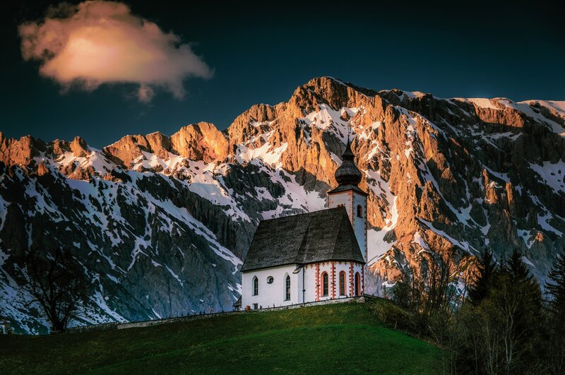Chapel in Mountain Valley — Green, Dramatic, Sunset