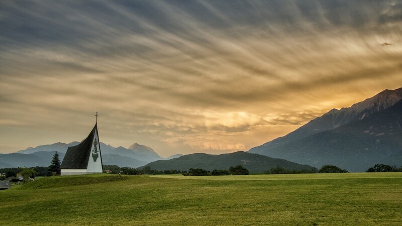 Chapel in Mountain Valley — Green, Dramatic