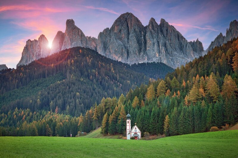 Chapel in Mountain Valley — Green, Serene, Sunrise