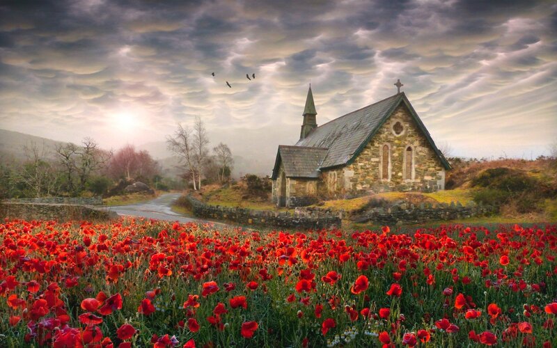 Chapel in Poppy Field — Red, Dramatic