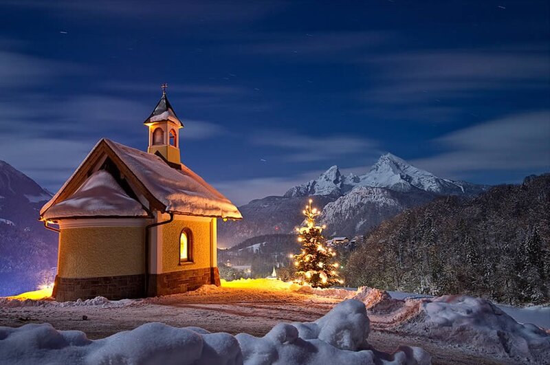 Chapel in snowy mountains