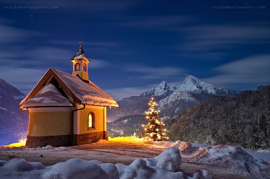 Chapel in snowy mountains