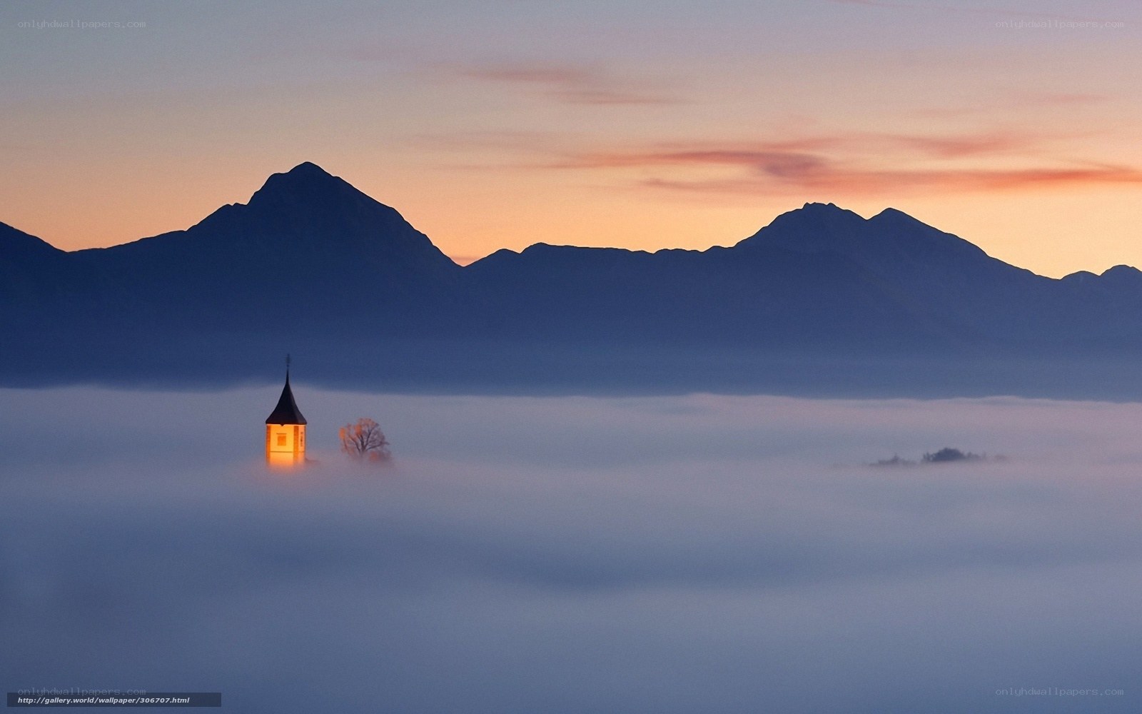Chapel in the mist at dawn