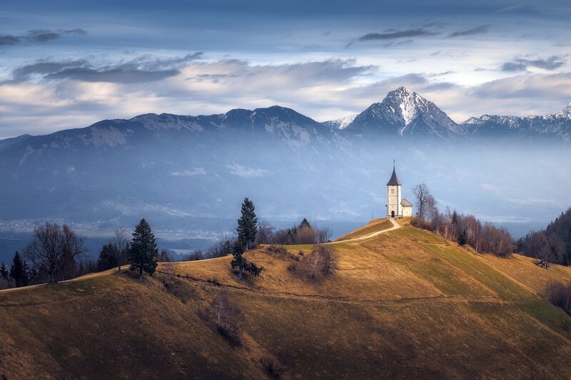 Chapel on a Hill — Blue, Serene, Morning