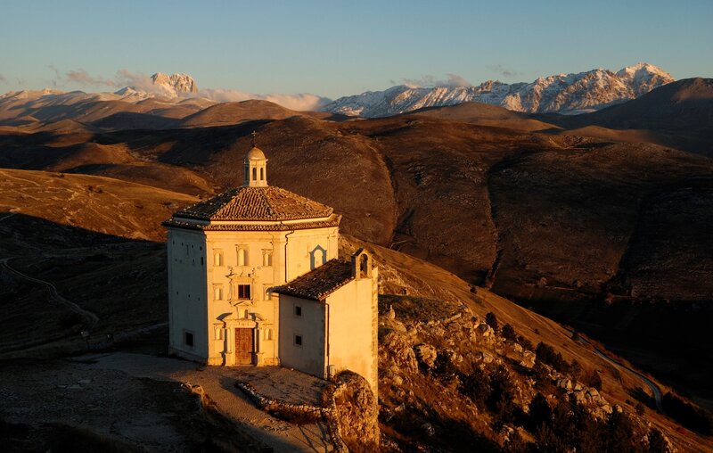 Chapel on a Hill — Brown, Serene, Sunset, Photograph, Mountains
