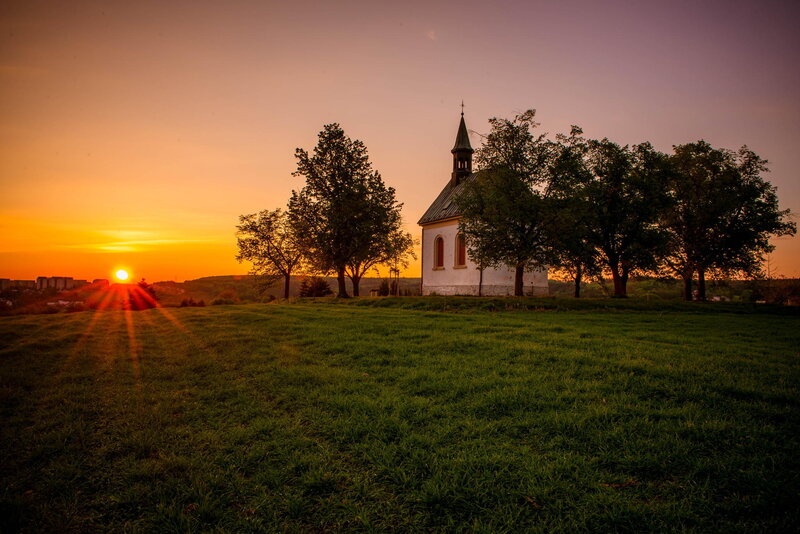 Chapel on a Hill — Green, Serene, Sunset