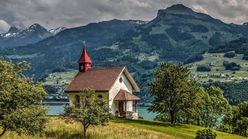 Chapel on a Hillside — Green, Serene
