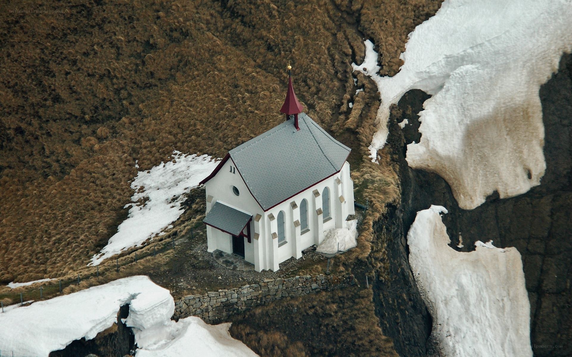 Chapel on a snowy mountainside