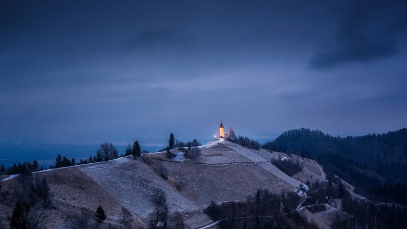 Chapel on Hilltop — Blue, Serene