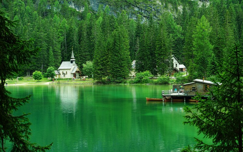 Chapel on Lake Shore — Green, Serene, Afternoon, Photograph, Forest