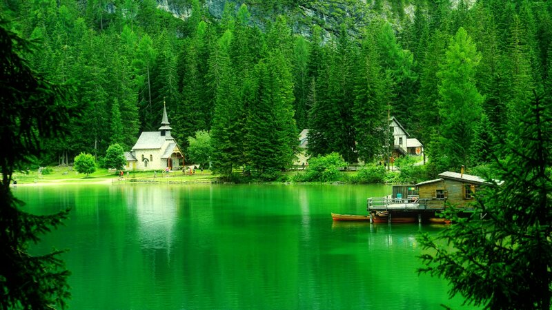 Chapel on Lake Shore — Green, Serene, Afternoon, Photograph