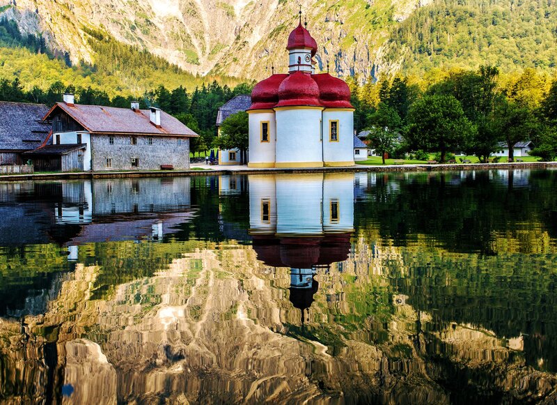Chapel on Lake Shore — Green, Serene