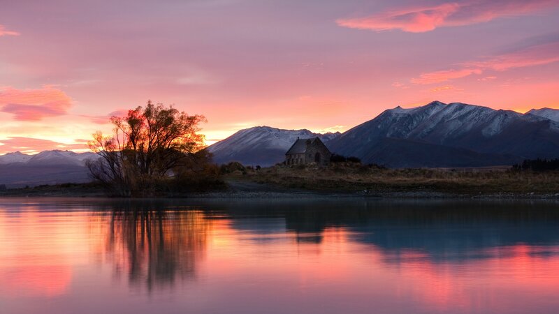 Chapel on Lake Shore — Pink, Serene