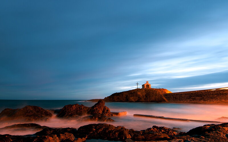 Chapel on Rocky Shore — Blue, Serene