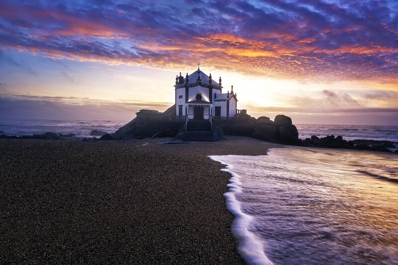Chapel on Rocky Shore — Purple, Dramatic, Sunset