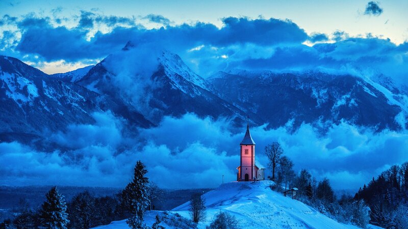 Chapel on Snowy Hill — Blue, Serene
