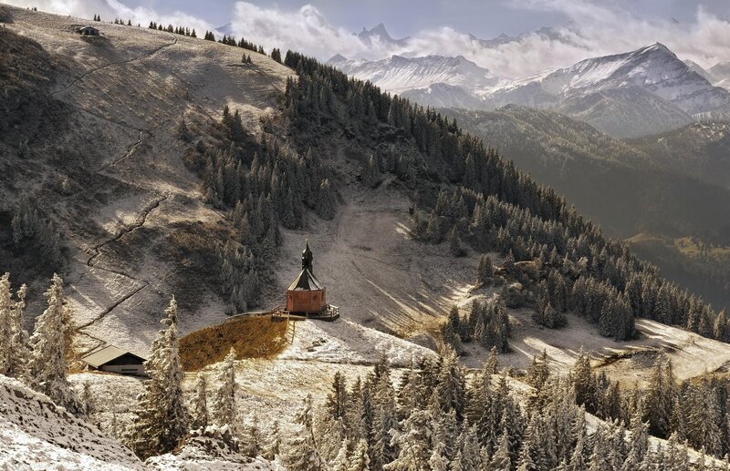 Chapel on Snowy Hill — White, Serene, Winter, Photograph, Mountains, Forest, Snow