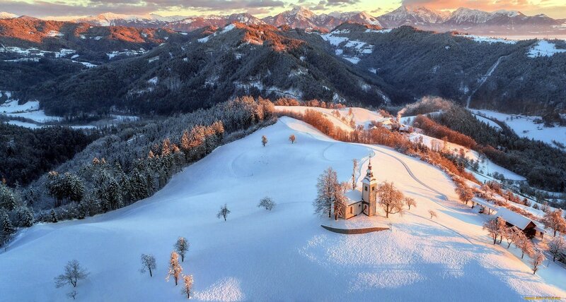 Chapel on Snowy Hill — White, Serene, Winter, Photograph, Mountains, Forest