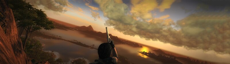 character aiming gun at sunset