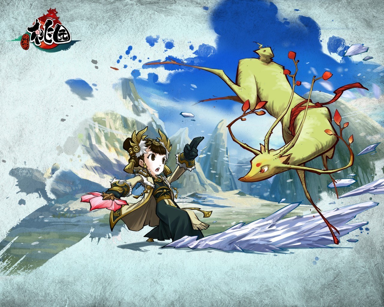 Character and creature in snowy landscape
