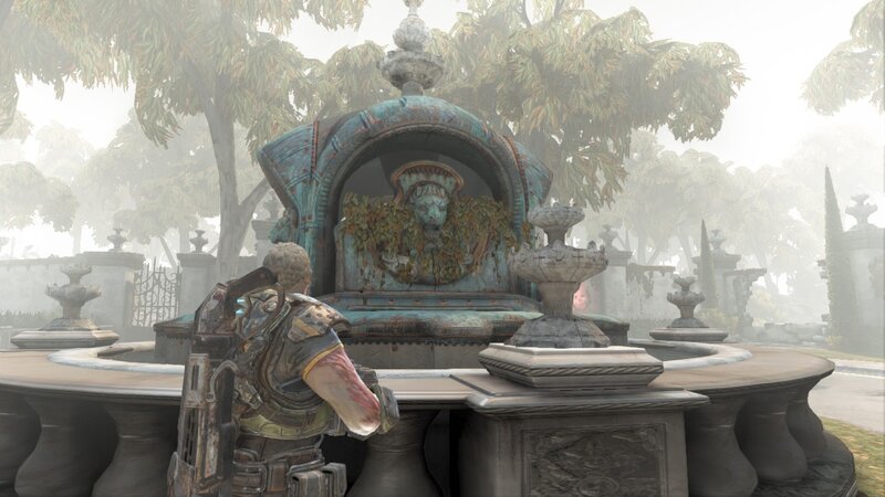 Character at ornate fountain