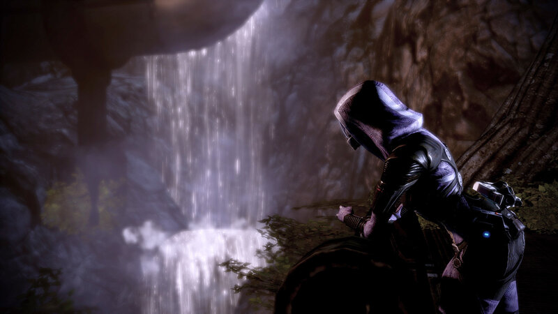 character by a waterfall