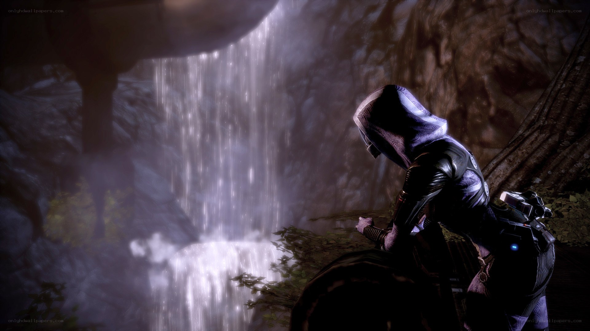 character by a waterfall