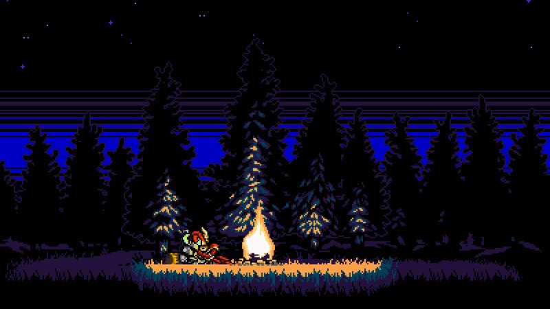 Character by Campfire — Black, Serene, Night, Pixel Art