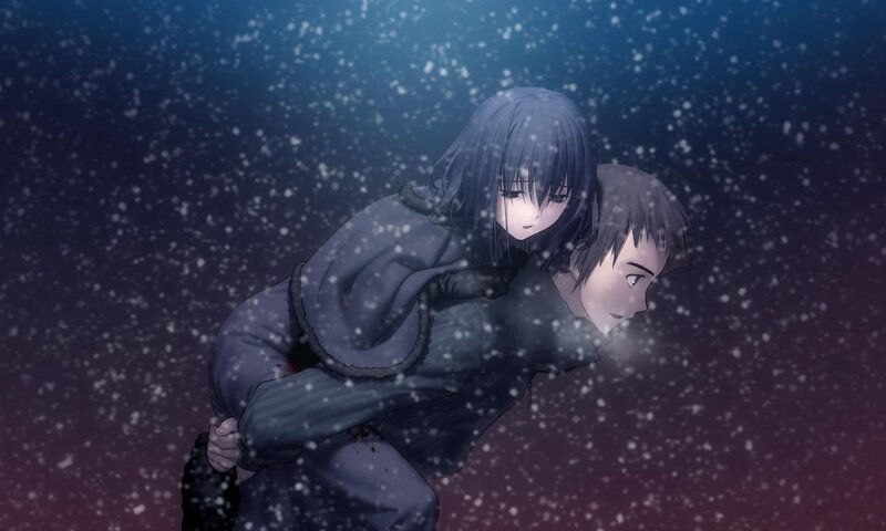 Character carrying another in snow