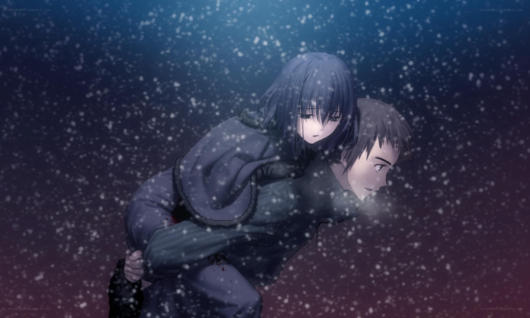 Character carrying another in snow