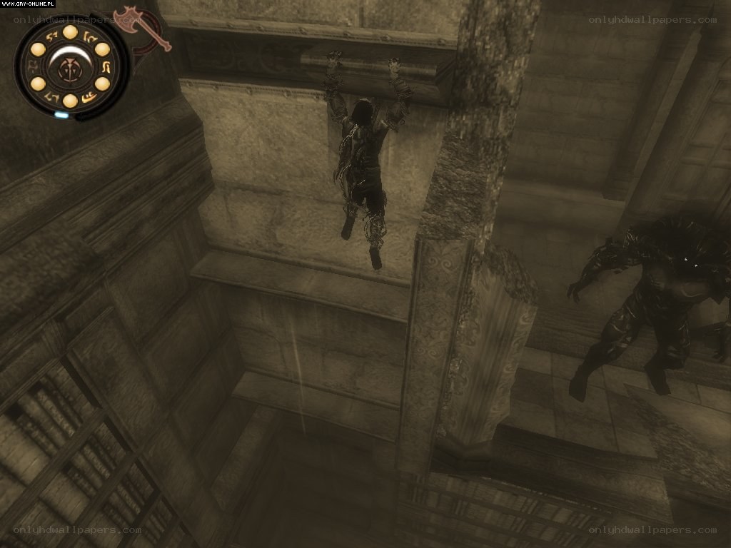 character climbing in ancient ruin