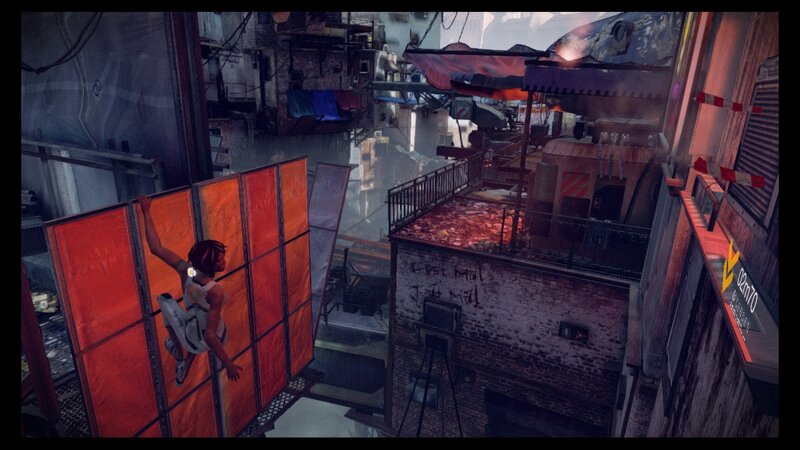 character climbing in urban alley