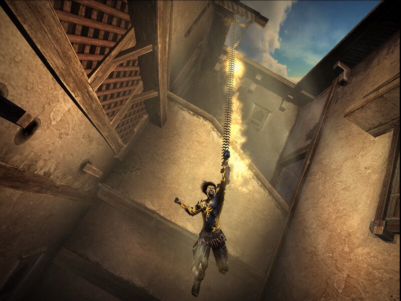 character climbing rope in alley