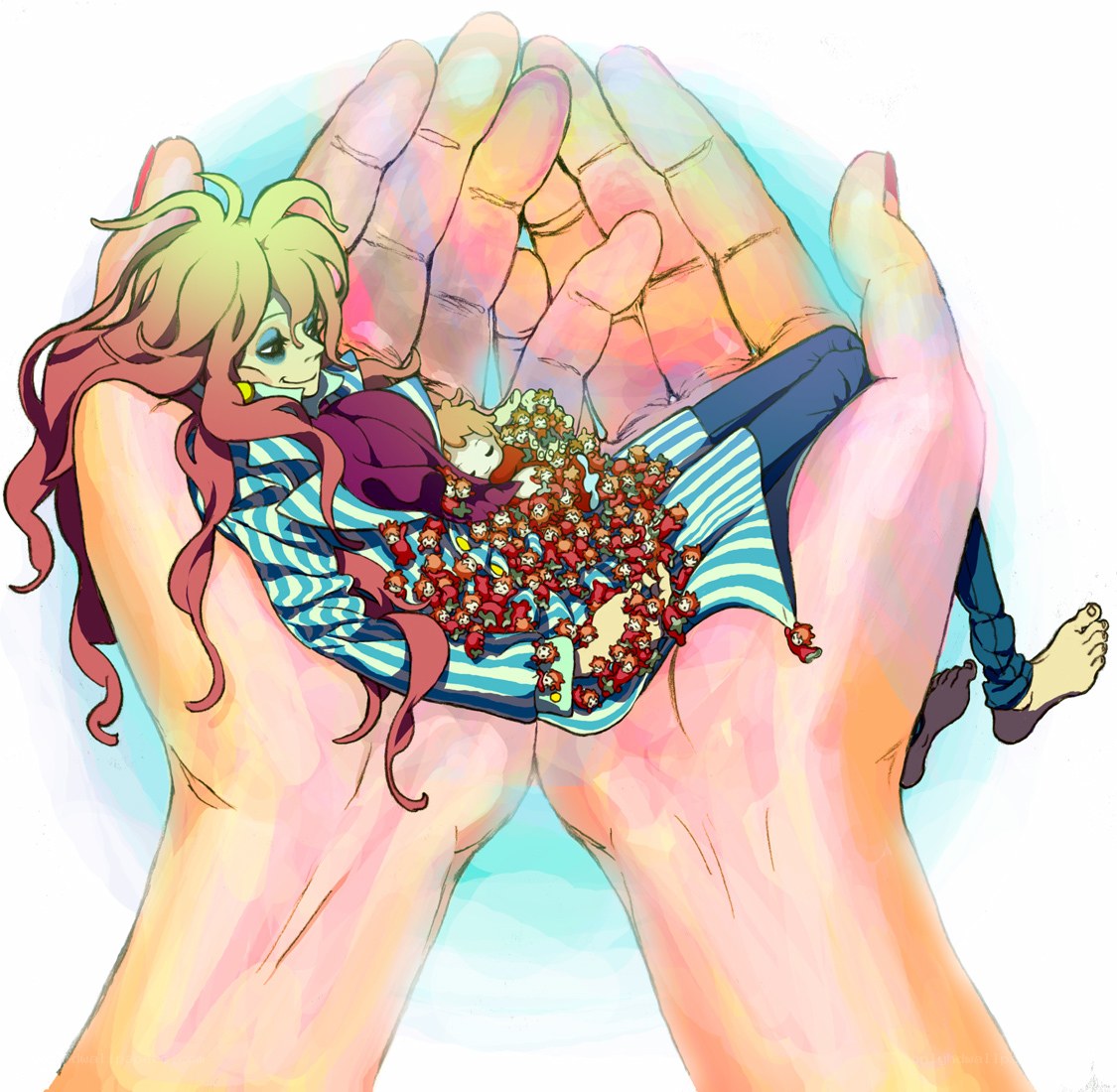 Character cradled in giant hands