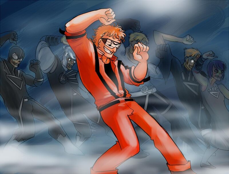 Character dancing in red suit