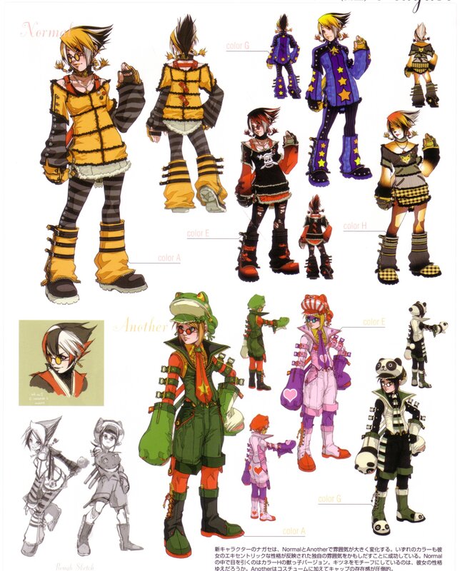 Character design sheet with multiple outfits