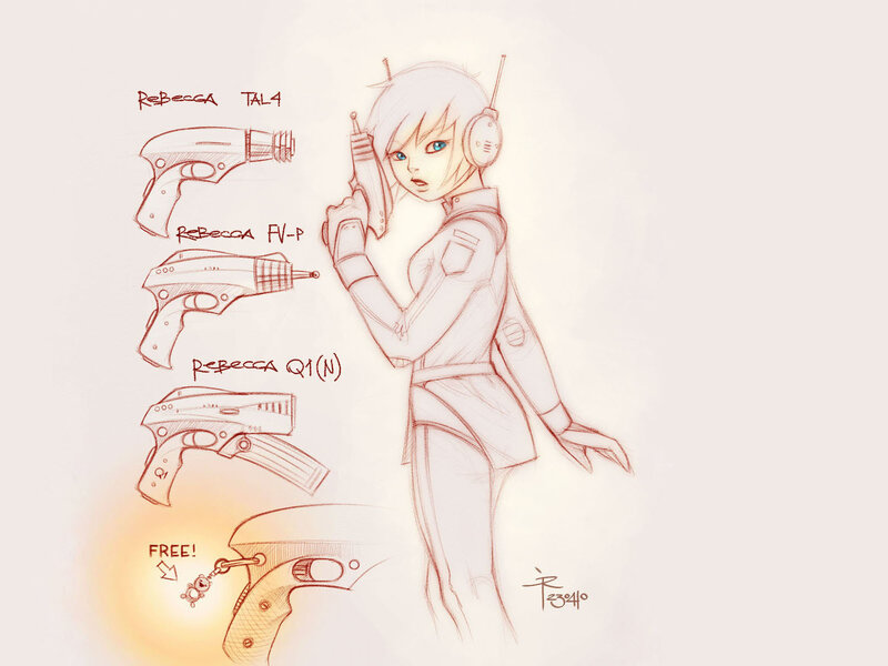 Character design sketch with weapons