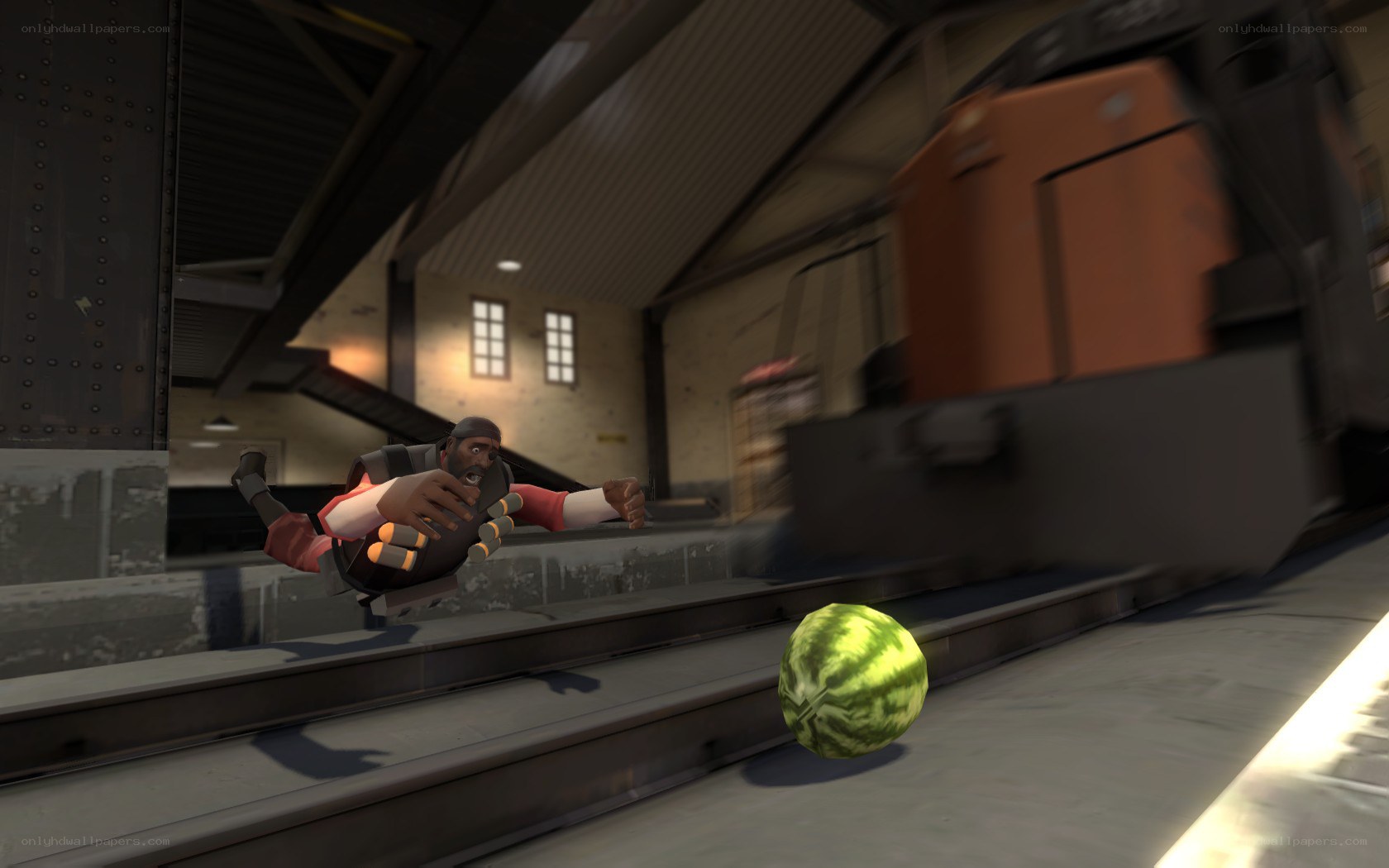 Character dodging a watermelon