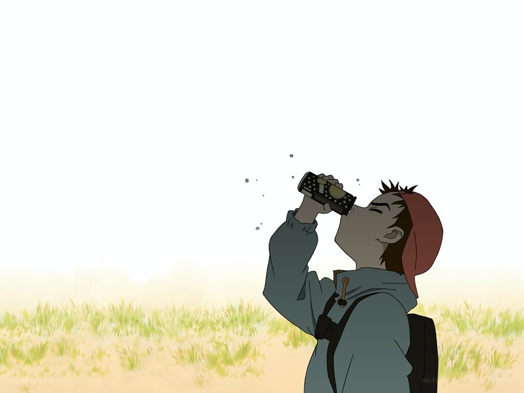 character drinking from a can