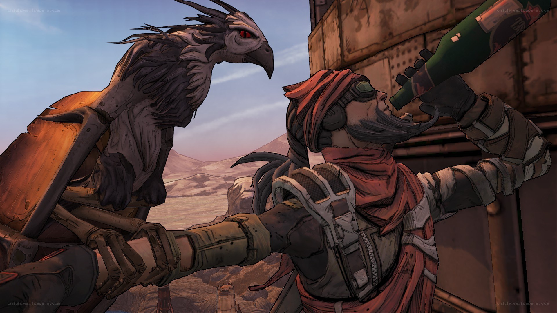 character drinking with bird companion