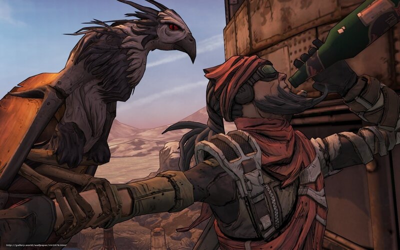 character drinking with bird companion