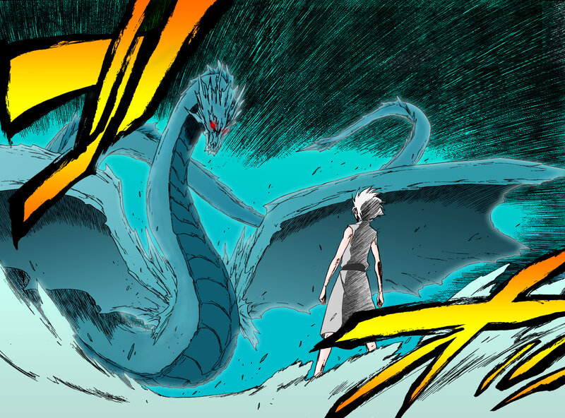 Character facing a giant dragon
