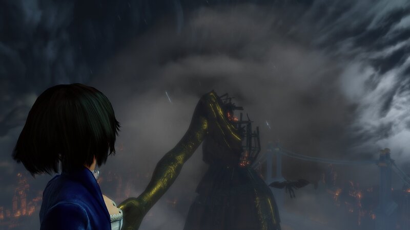 Character facing a giant statue