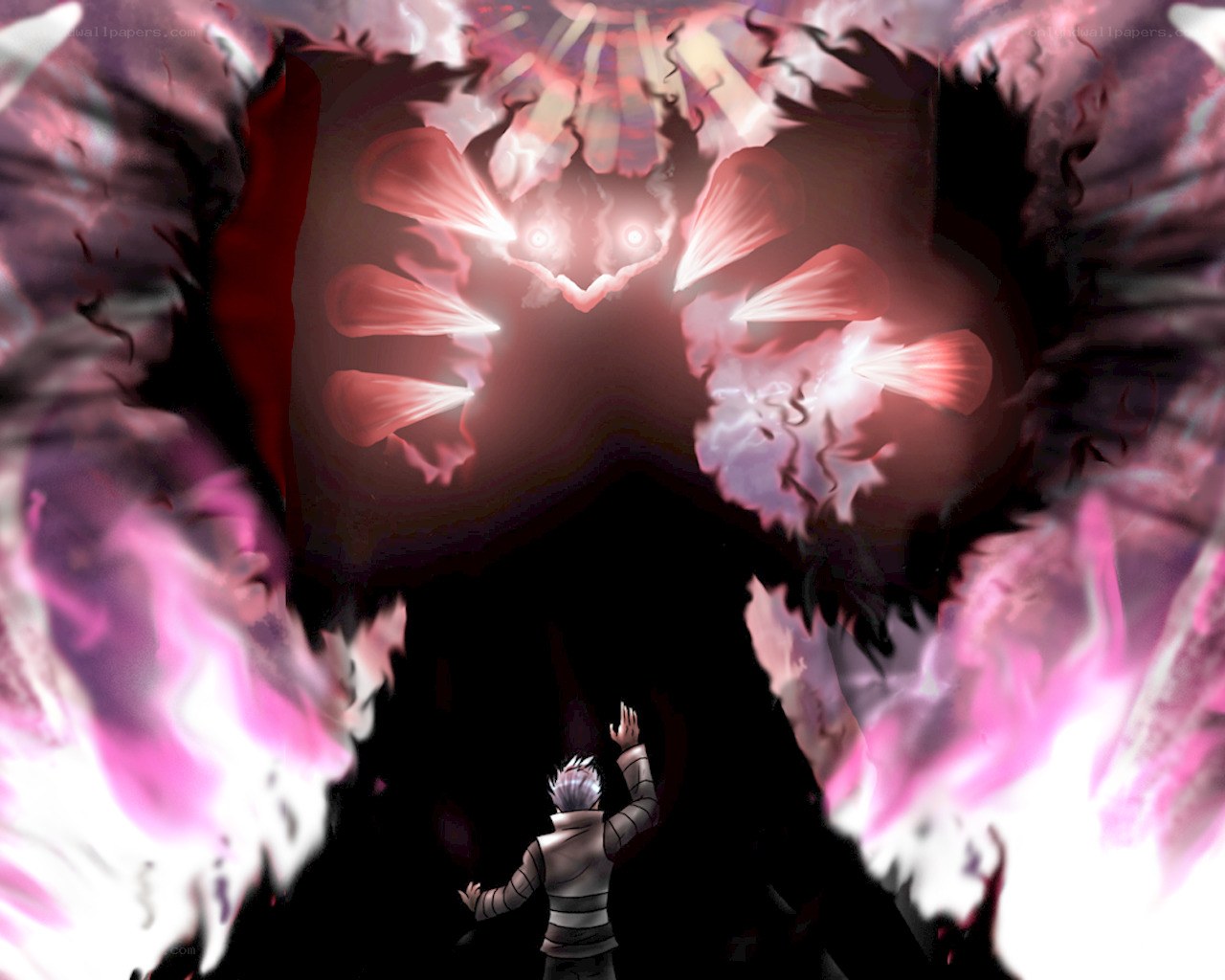 character facing a glowing entity